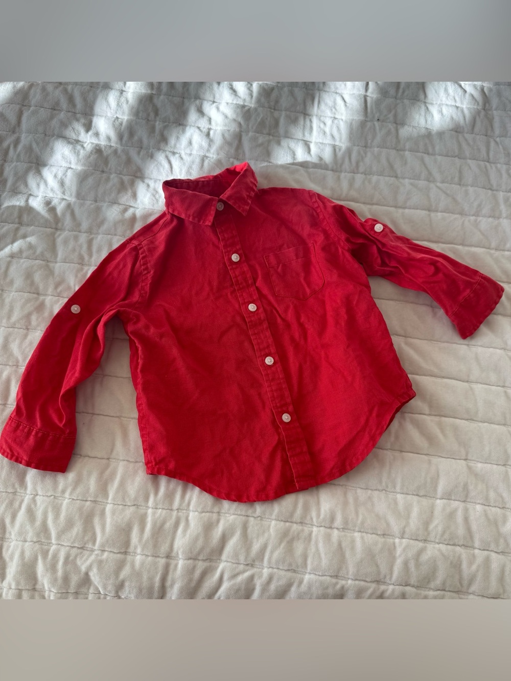 JANIE AND Jack red linen long sleeve button up shirt with pocket size 18-24M